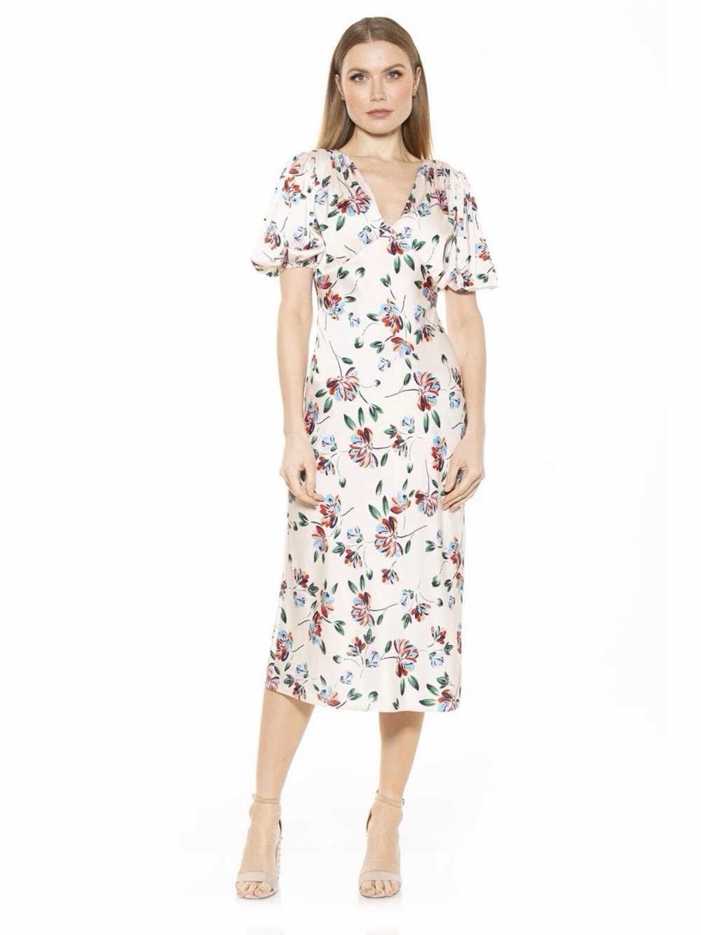 Alexa Armor dress Floral V-Neck Midi Dress in Cream size 10 (Large)